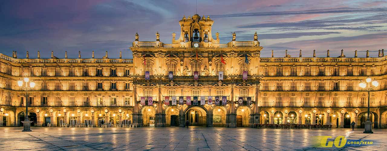 Plaza Mayor square at sunrise, Salamanca, Castile and Leon, Spain